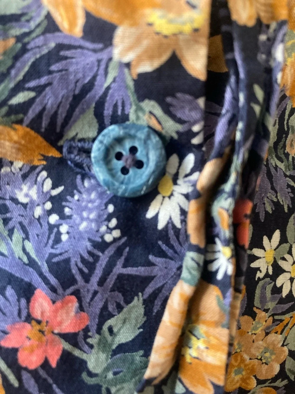 Floral Button-Up Blouse in Navy with Mustard and Pink Flowers